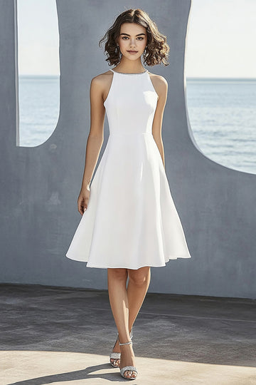 Simple Ivory Satin Halter Short Bridal Shower Dress